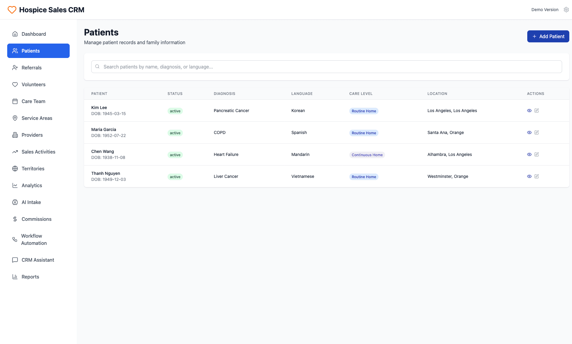 Hospice Sales CRM Patients Data Management Interface