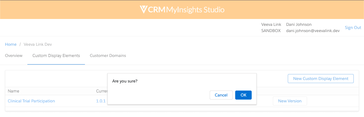 CRMMyInsights Studio: Custom Display Element Deletion Confirmation