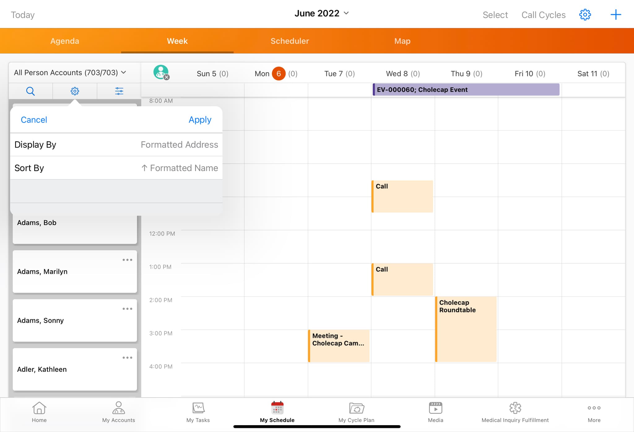 Weekly Schedule View with Filtered Accounts and Settings