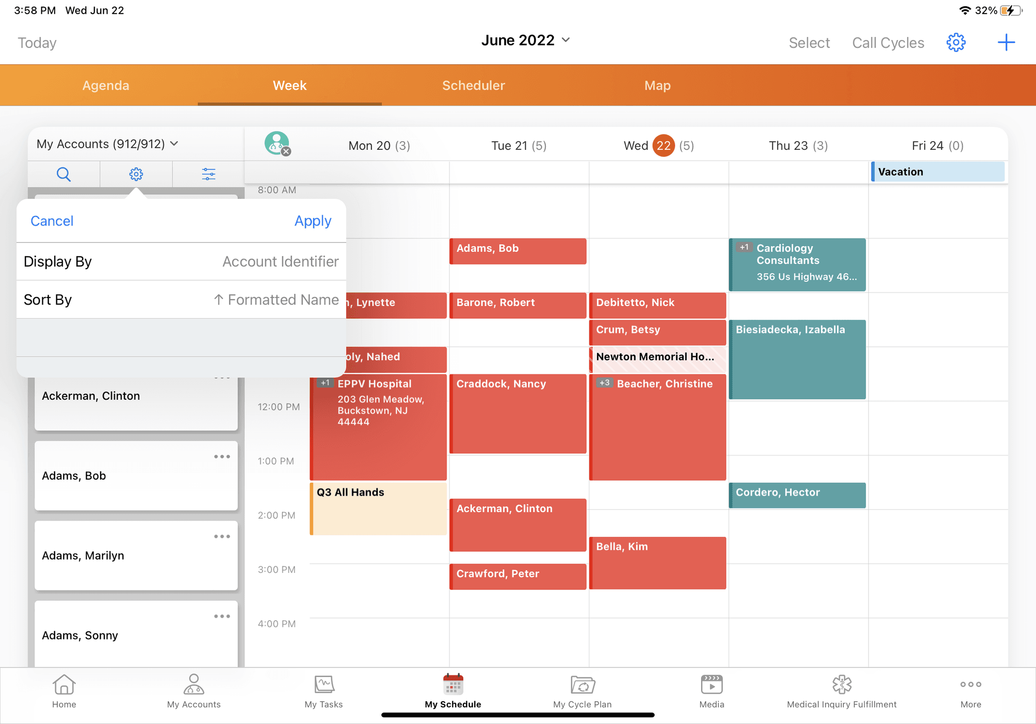 Weekly Schedule View with Account Filtering and Appointments