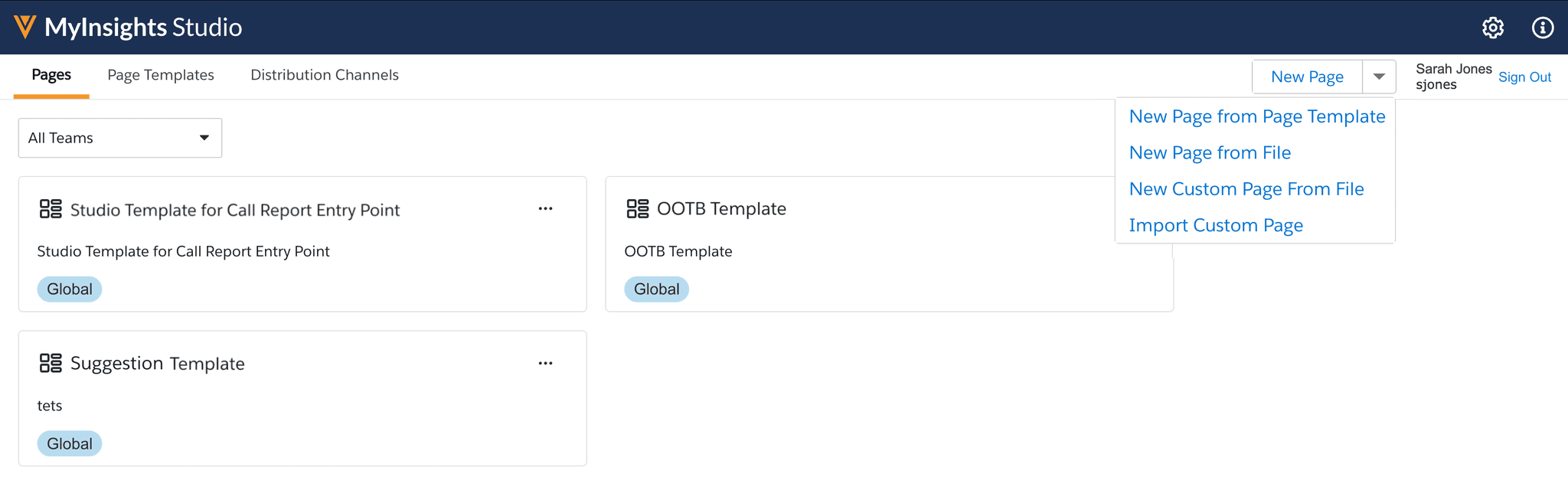 MyInsights Studio Pages: Template Management and Creation Interface