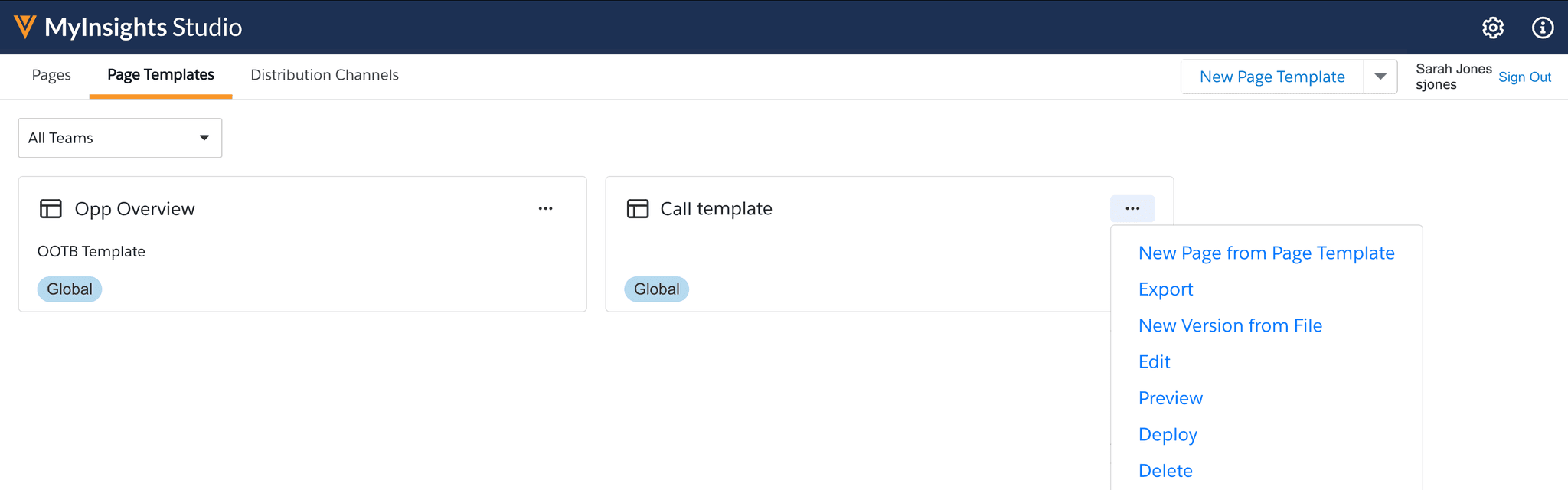 MyInsights Studio Page Templates Management Interface Overview