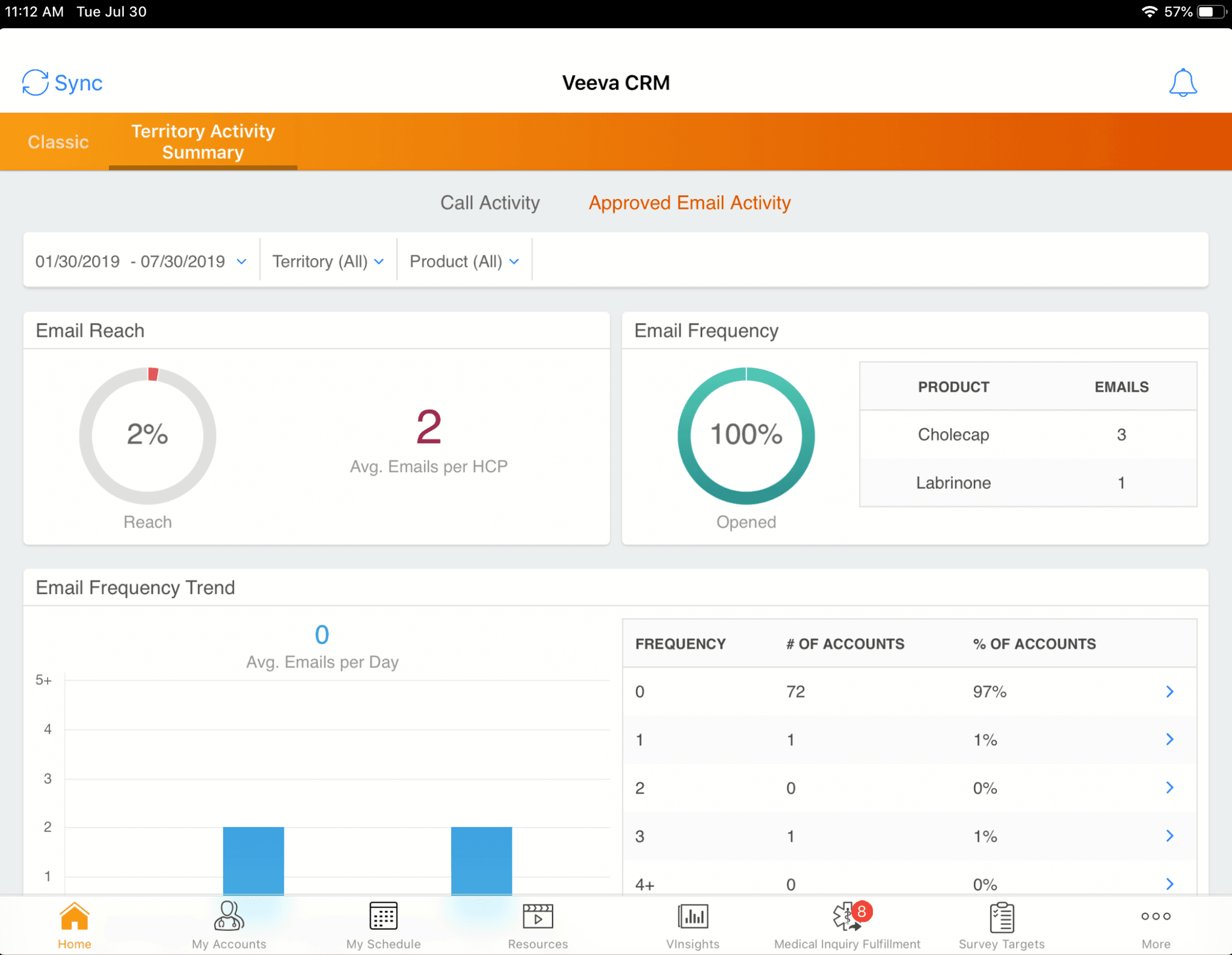 Veeva CRM Territory Activity Summary Dashboard on iPad