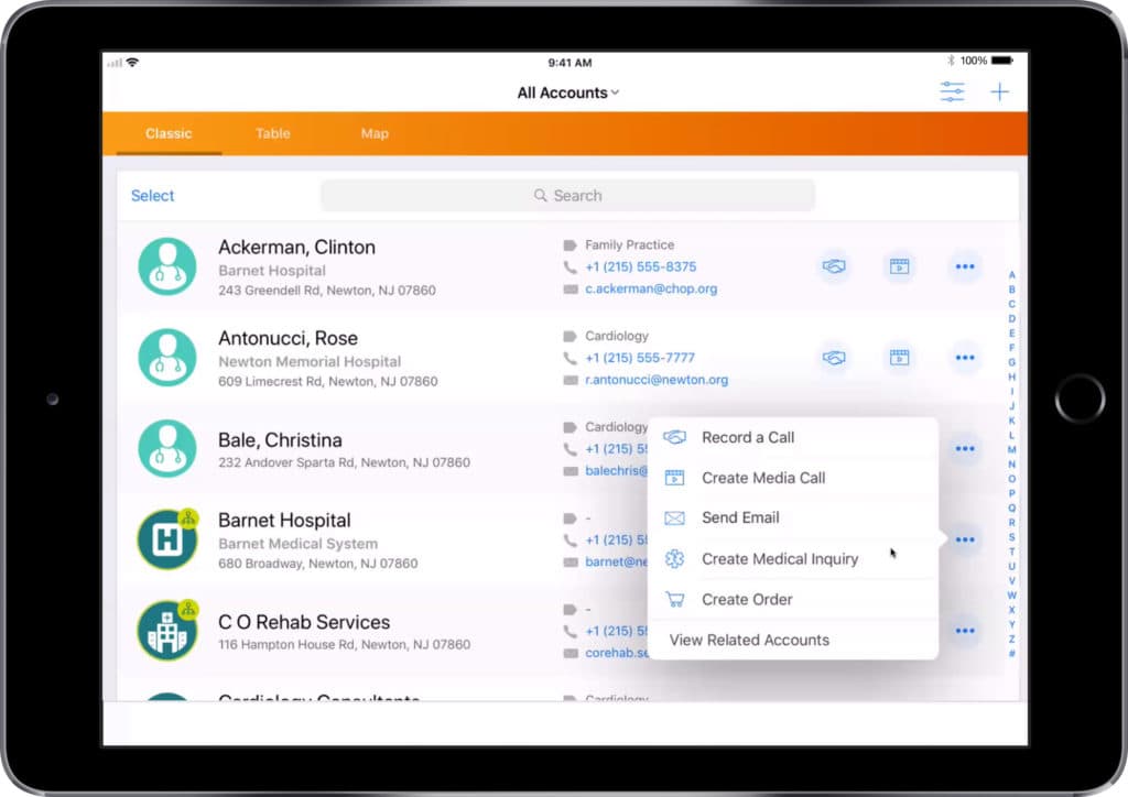 Account Management Interface with Action Menu on iPad