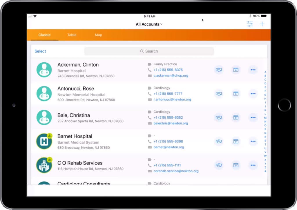 iPad Interface Showing Accounts with Contact and Location Details