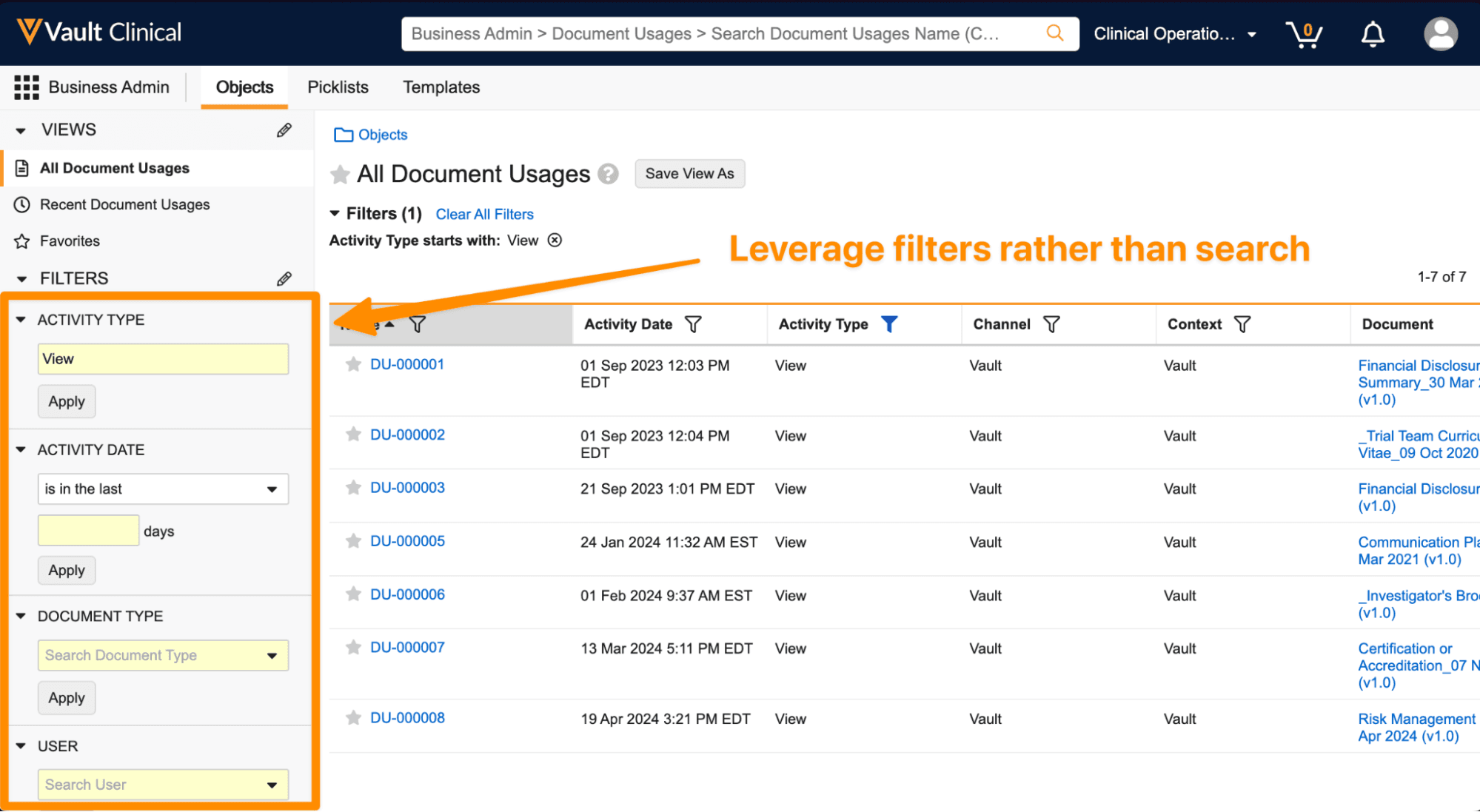 Vault Clinical: Document Usages with Activity Type Filters