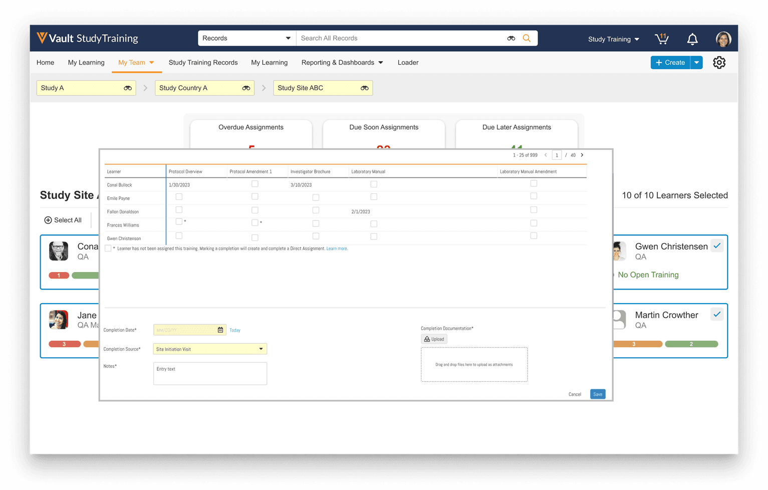 Vault Study Training: Study Site Assignments and Learner Completion