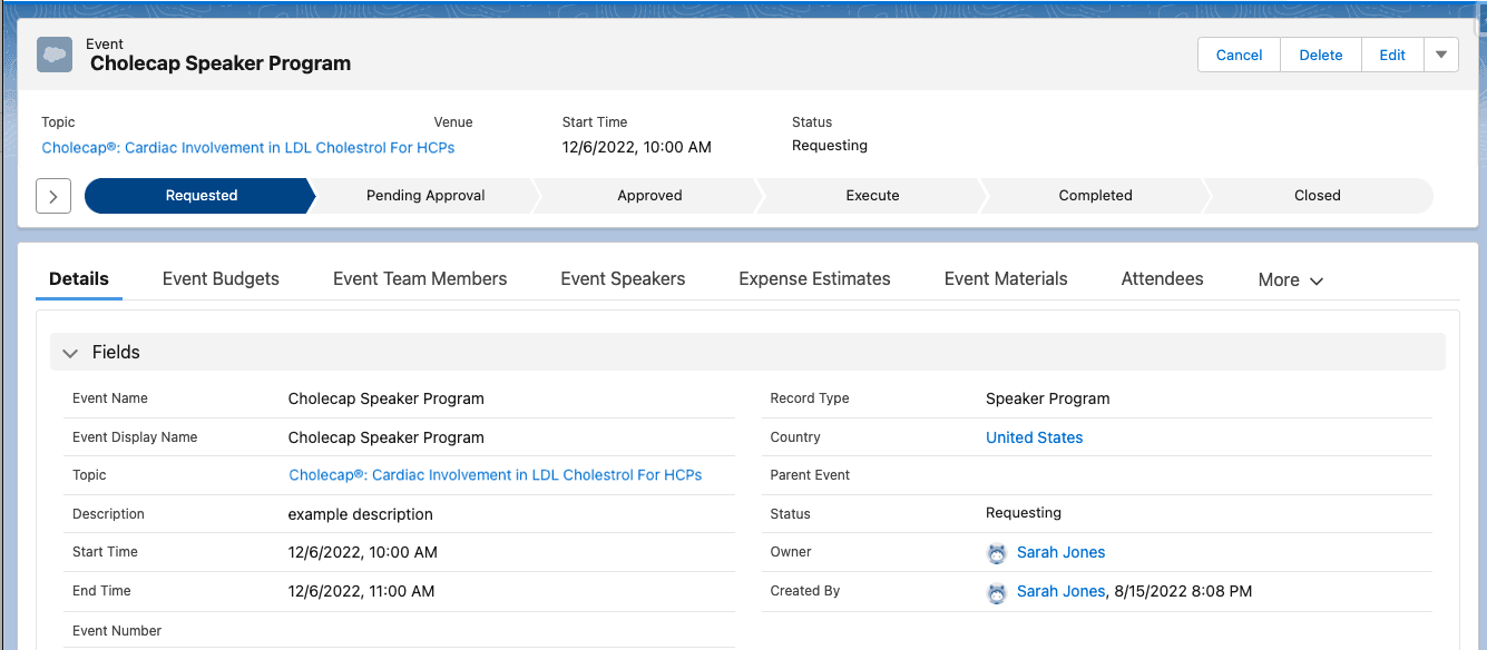 Cholecap Speaker Program Event Details and Status