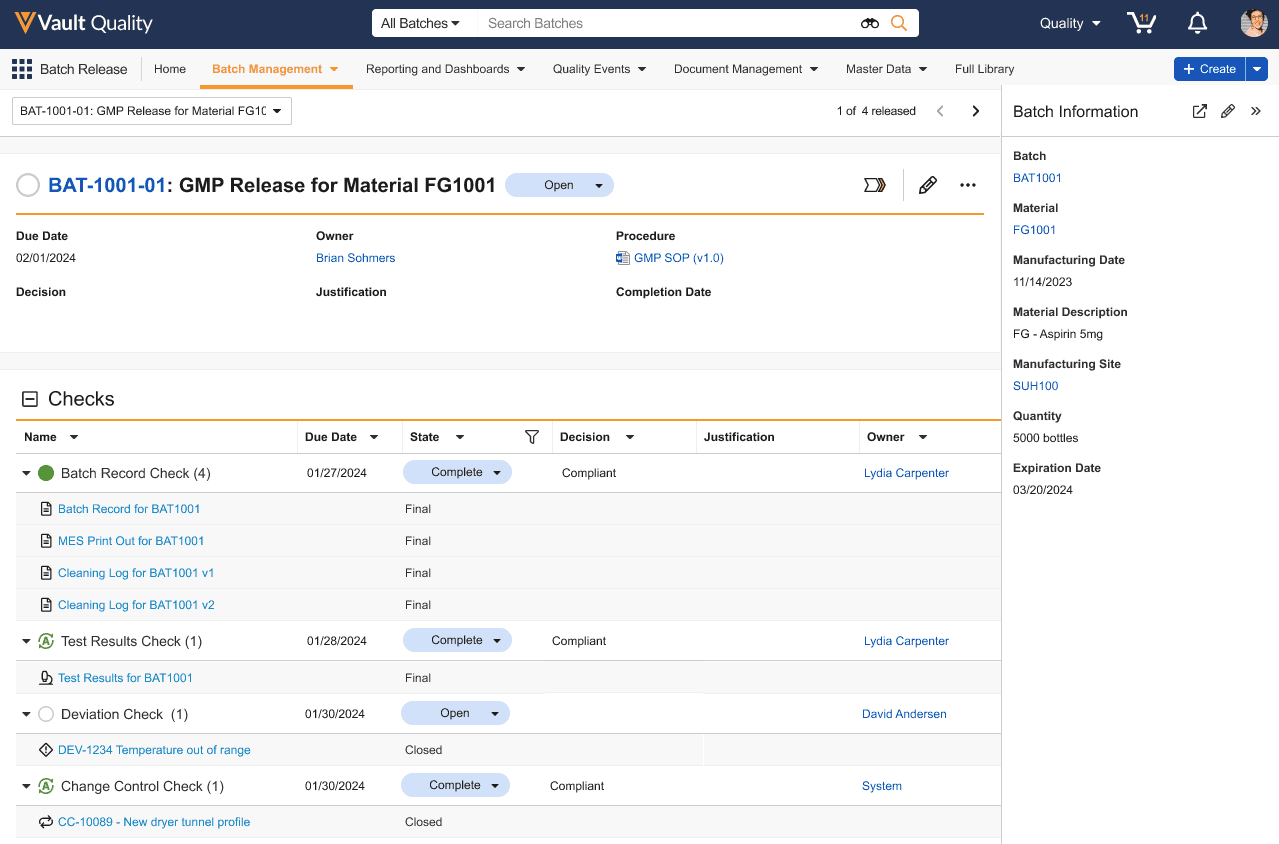 Vault Quality: Batch Management for Material FG1001 Details