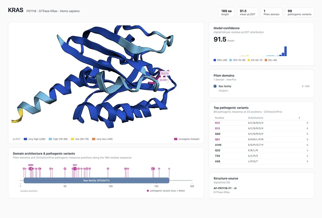 Claude Science rendering a three-dimensional protein structure with annotated domains alongside the analysis session