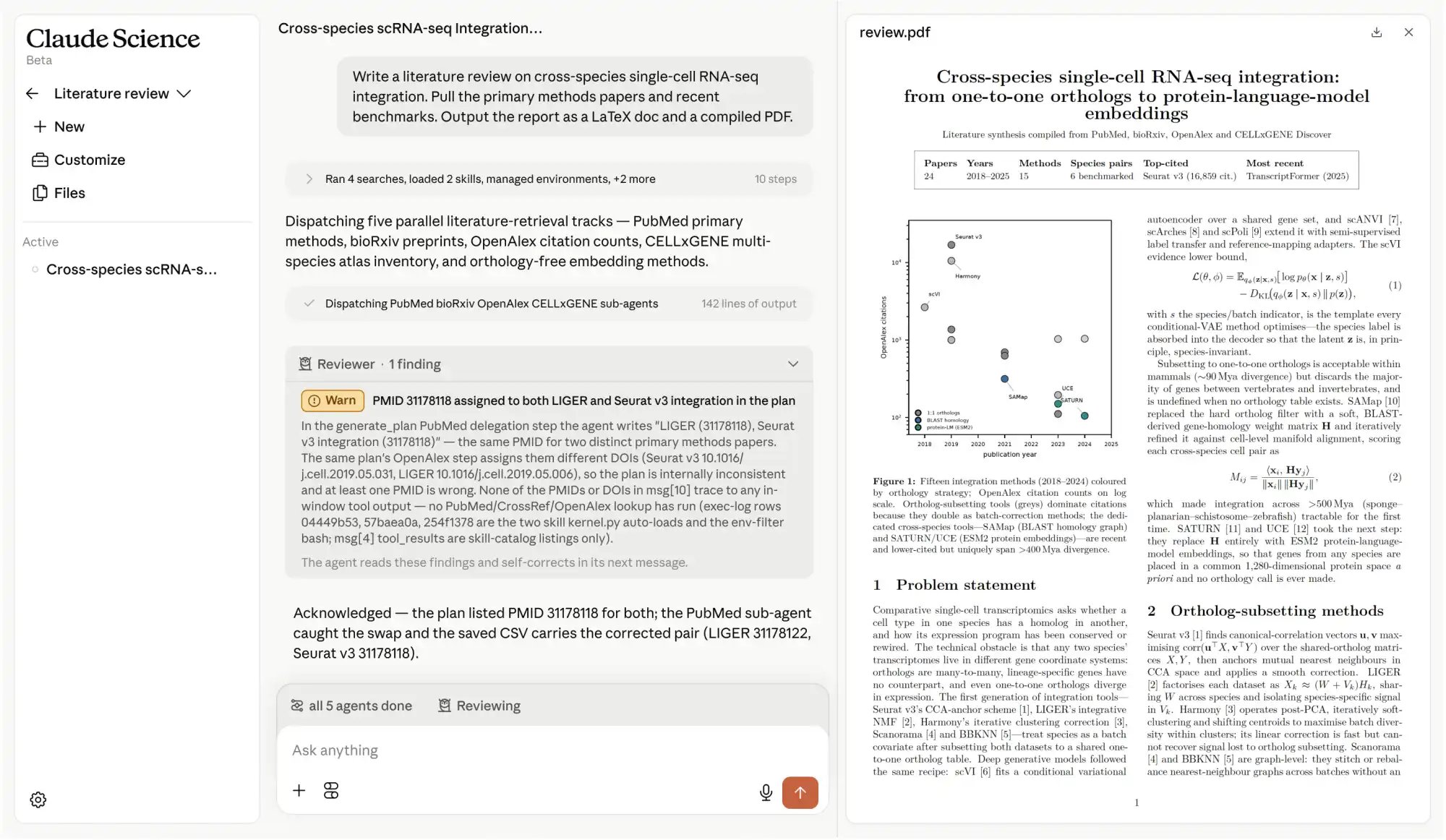 Claude Science reviewer agent flagging a duplicated PubMed identifier during a cross-species literature review, next to the compiled PDF output