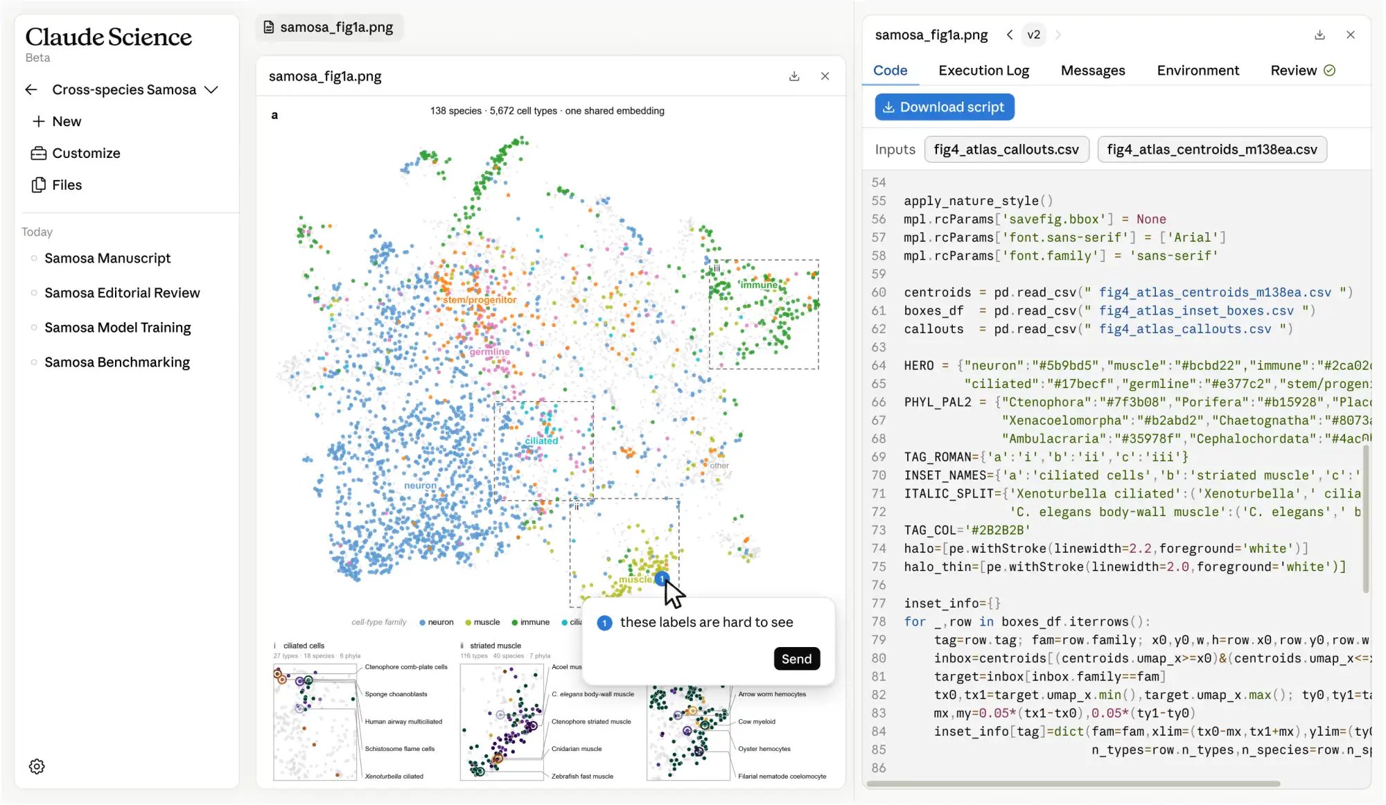 Claude Science showing a generated single-cell figure beside the exact code, execution log, and review tabs that produced it