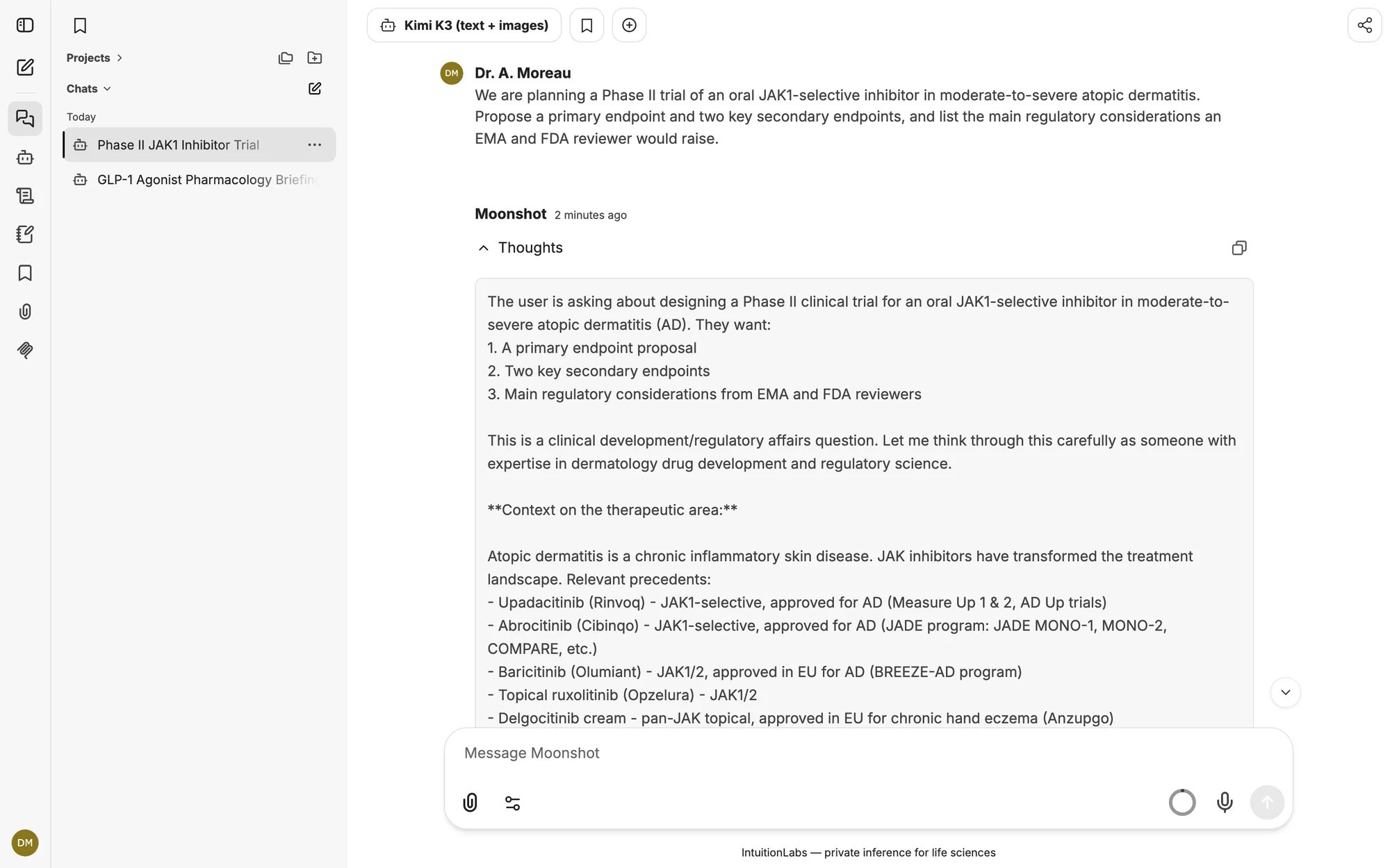 Reasoning trace analysing a Phase II atopic dermatitis trial design, citing upadacitinib, abrocitinib and baricitinib precedents