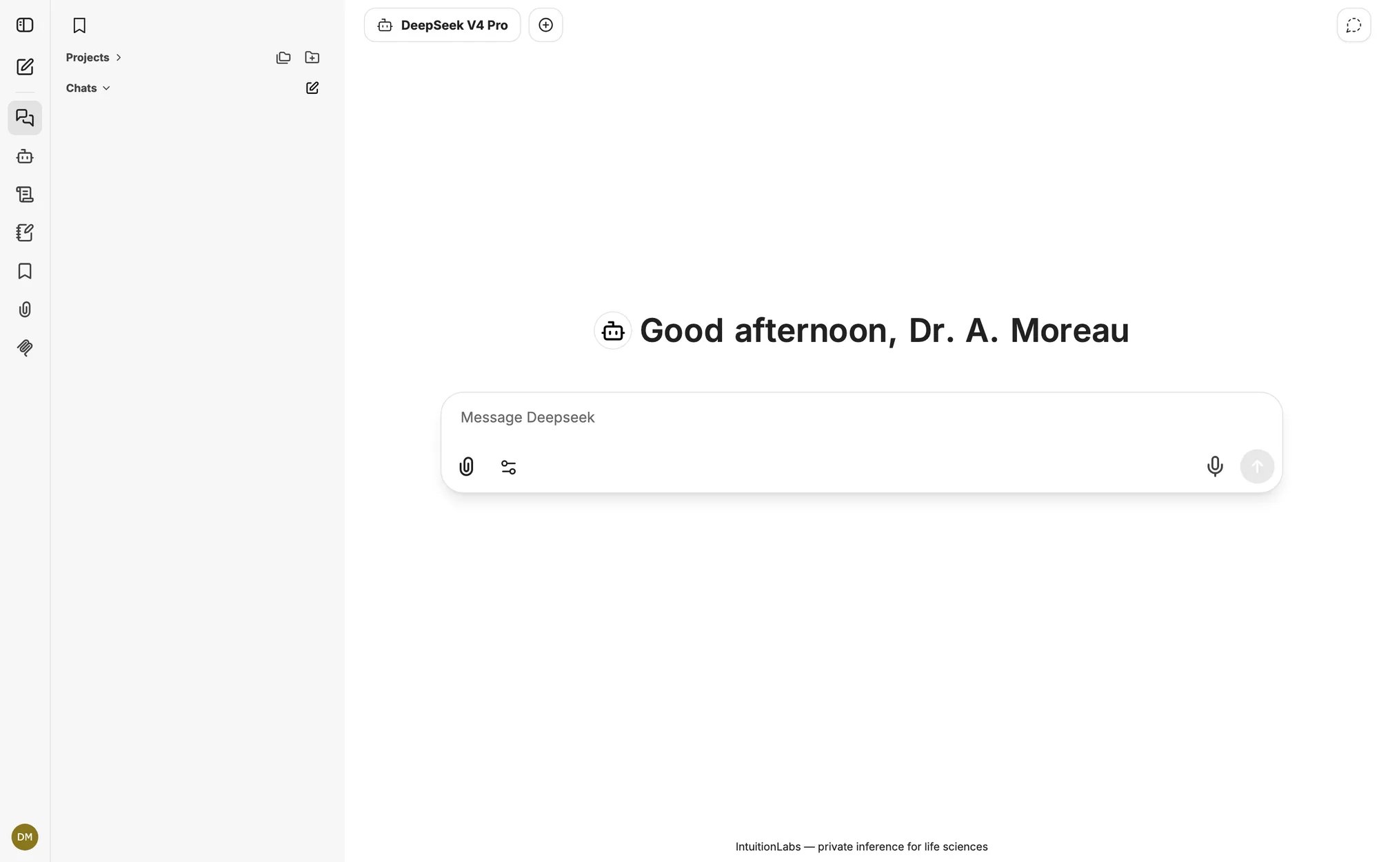 Private AI workspace welcome screen branded to the organisation, with a chat composer and conversation sidebar