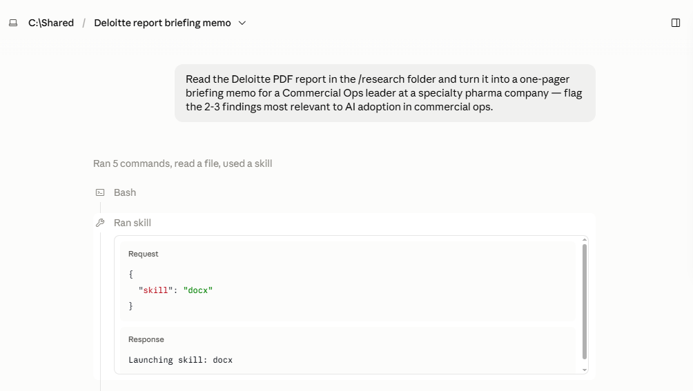 Cowork calling its packaged docx skill to produce the memo