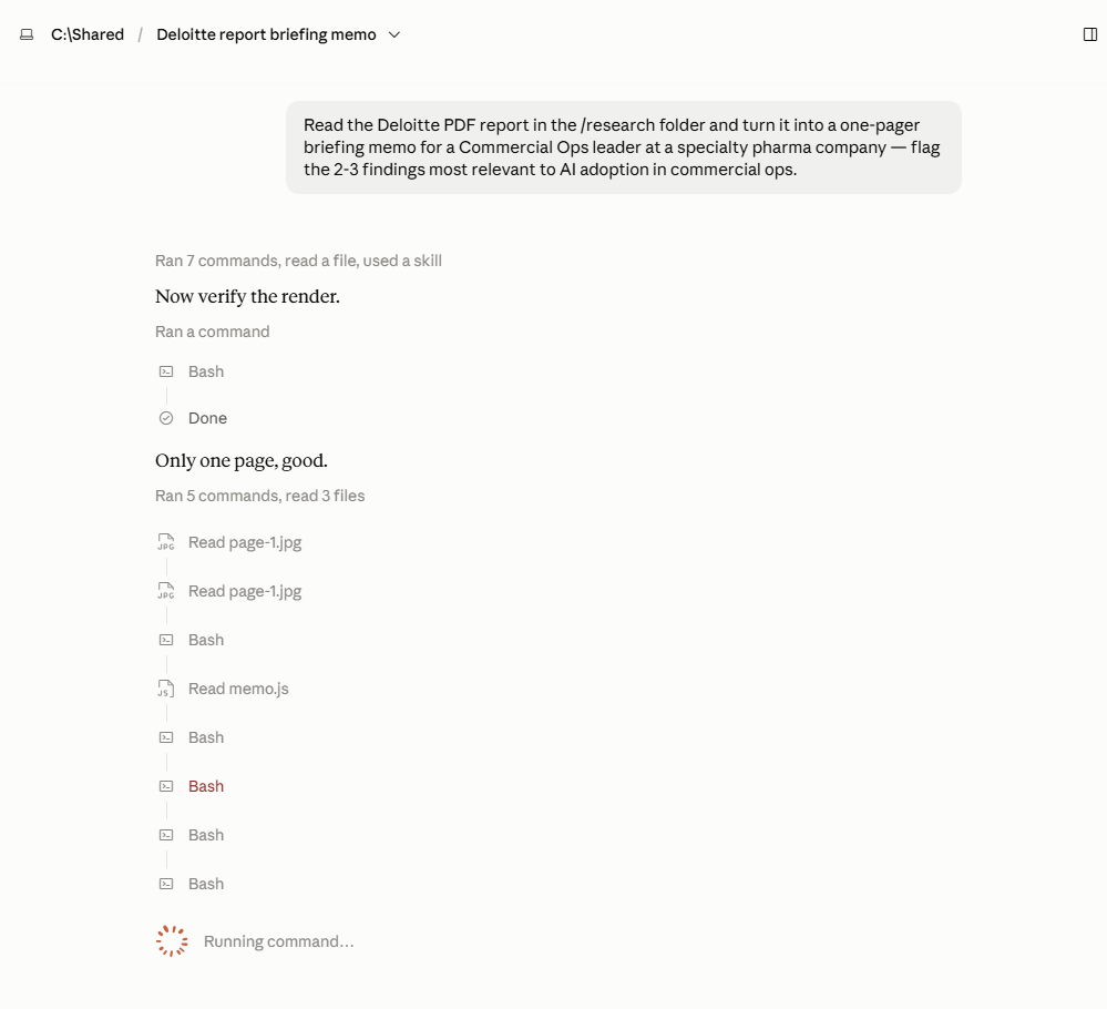 Cowork's self-check ("Only one page, good") before calling the draft finished