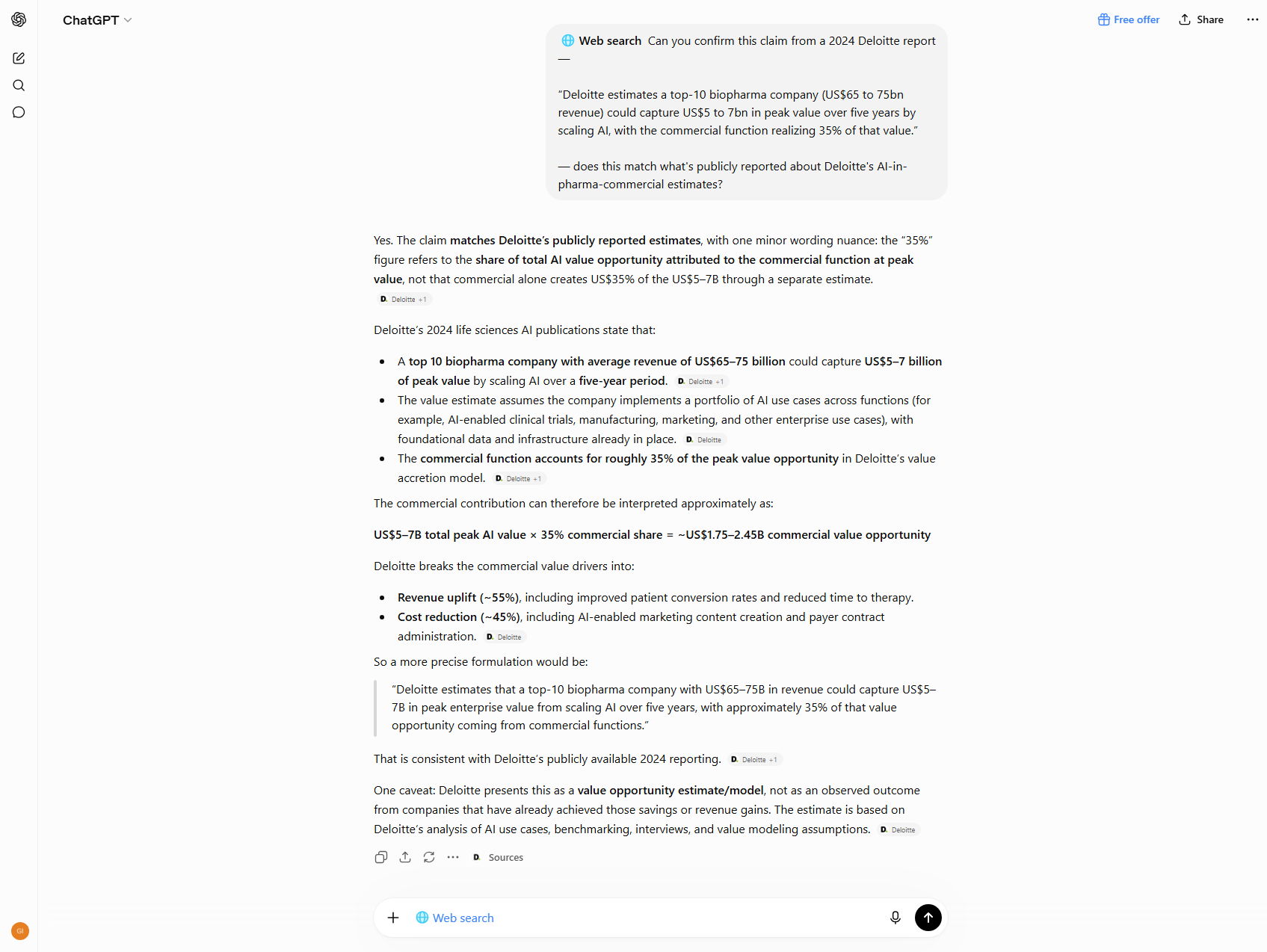 ChatGPT web search verifying the memo's headline $5-7 billion figure against Deloitte's own material