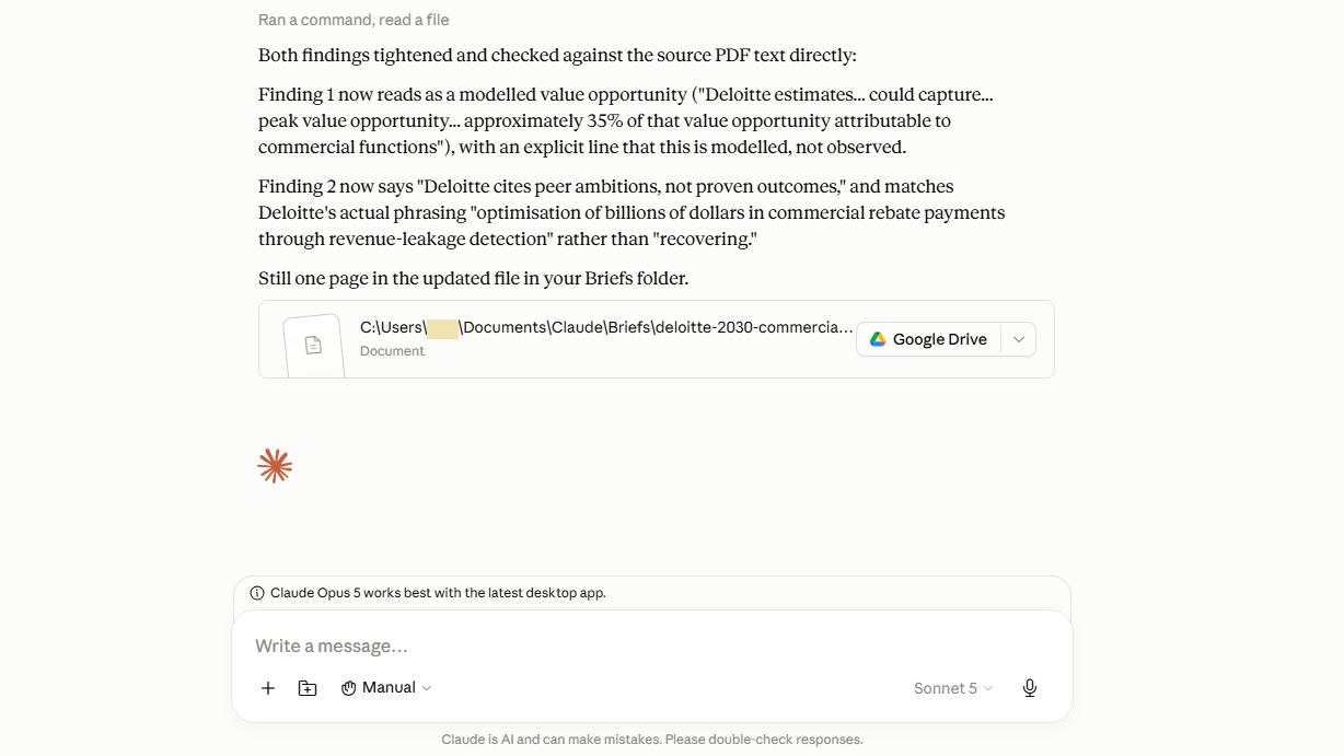 Cowork confirming both findings were rewritten and re-saved to the same drafts folder