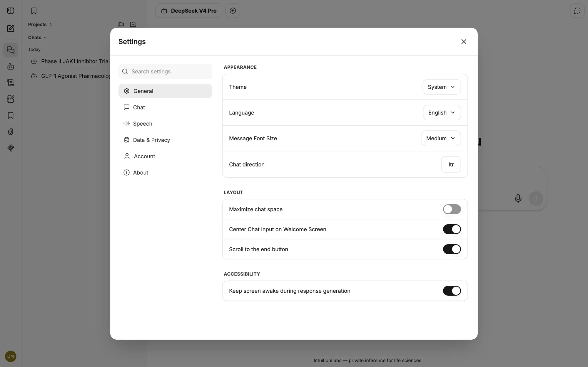 Workspace settings panel showing appearance, layout, accessibility options and a Data and Privacy section