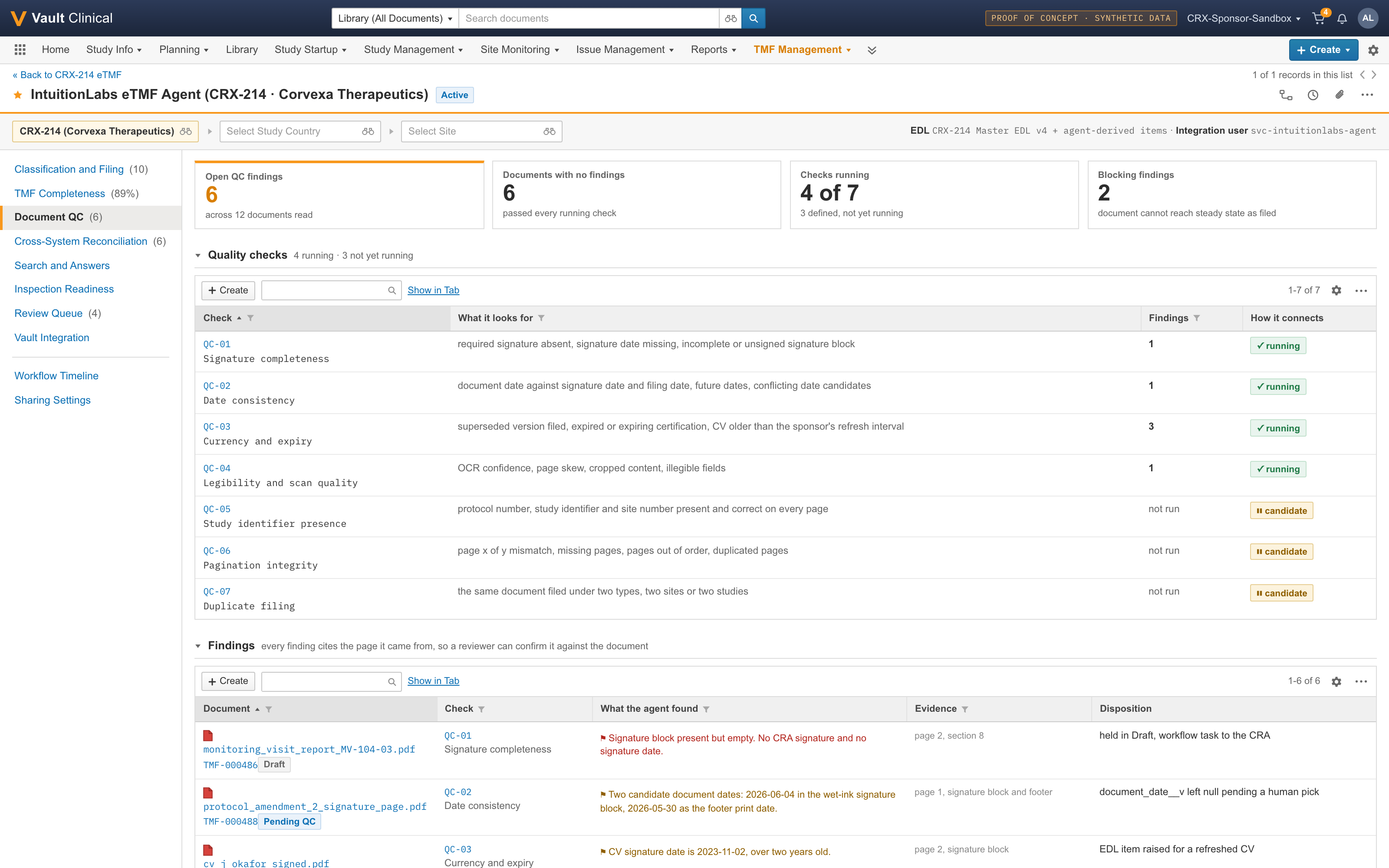 Synthetic eTMF document quality control dashboard with running checks and cited findings
